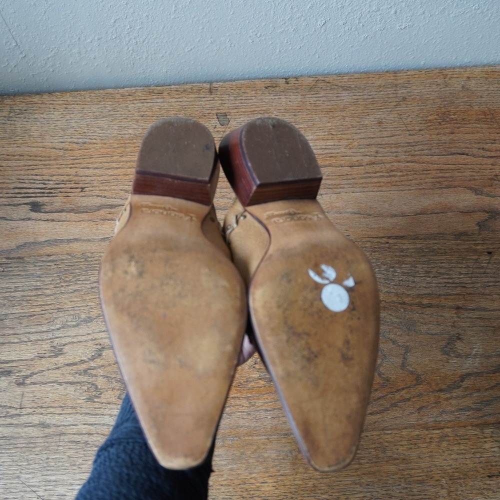 Sonora Double-H Size 8 Clogs Tan Leather Western Mules Whipstitch Studded - Picture 8 of 8